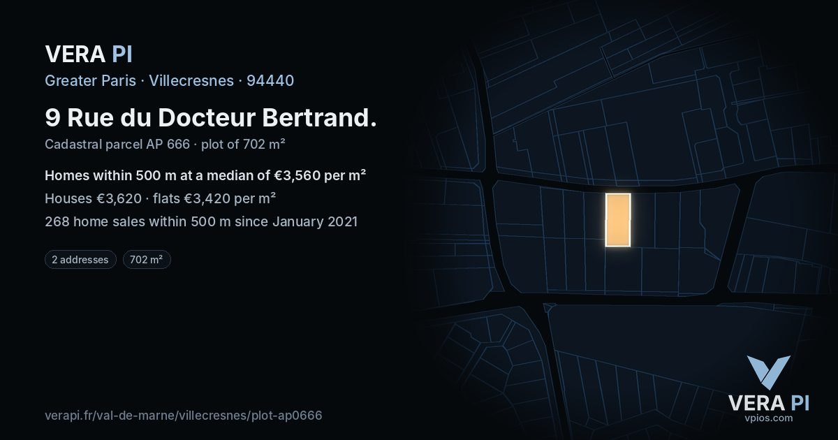 9 Rue du Docteur Bertrand, Villecresnes at night – the plot lit, the parcels around coloured by the prices near them