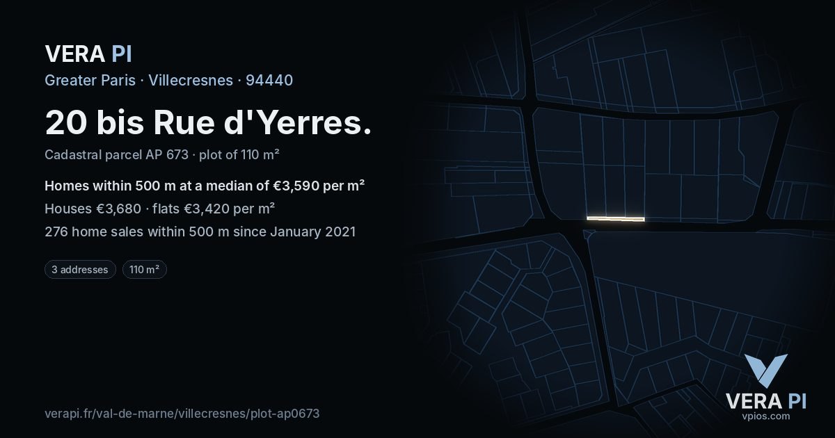20 bis Rue d'Yerres, Villecresnes at night – the plot lit, the parcels around coloured by the prices near them