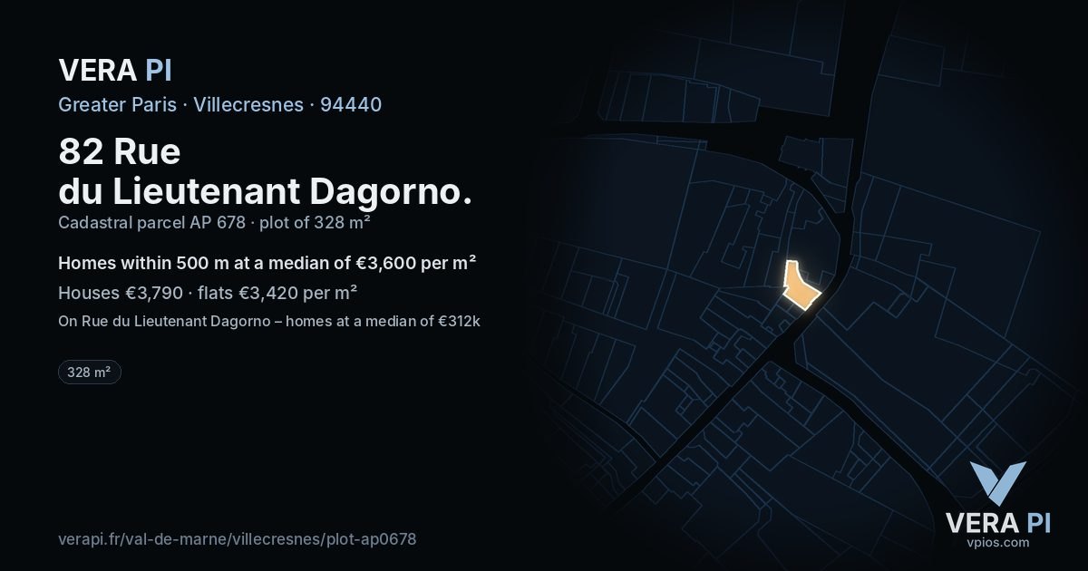 82 Rue du Lieutenant Dagorno, Villecresnes at night – the plot lit, the parcels around coloured by the prices near them