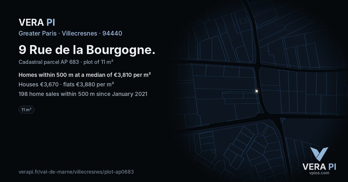 9 Rue de la Bourgogne, Villecresnes at night – the plot lit, the parcels around coloured by the prices near them