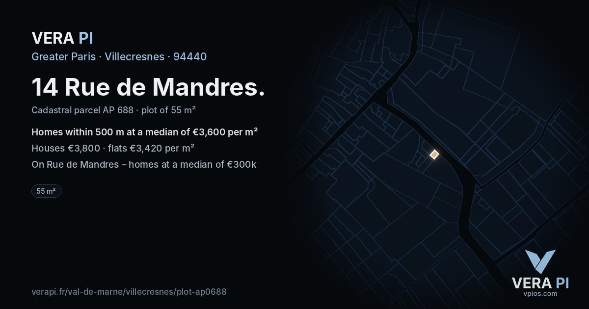 14 Rue de Mandres, Villecresnes at night – the plot lit, the parcels around coloured by the prices near them