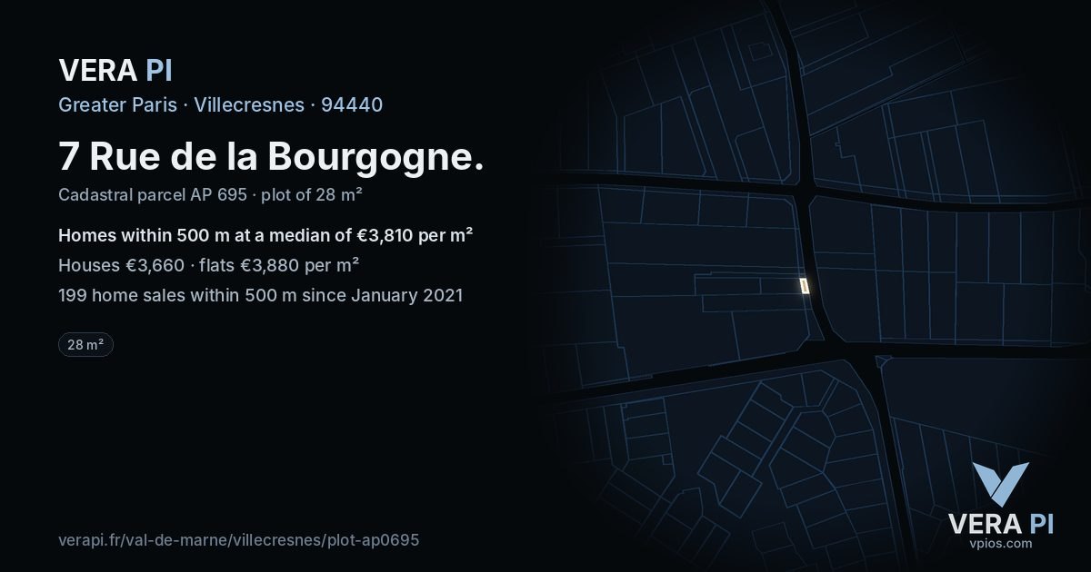 7 Rue de la Bourgogne, Villecresnes at night – the plot lit, the parcels around coloured by the prices near them