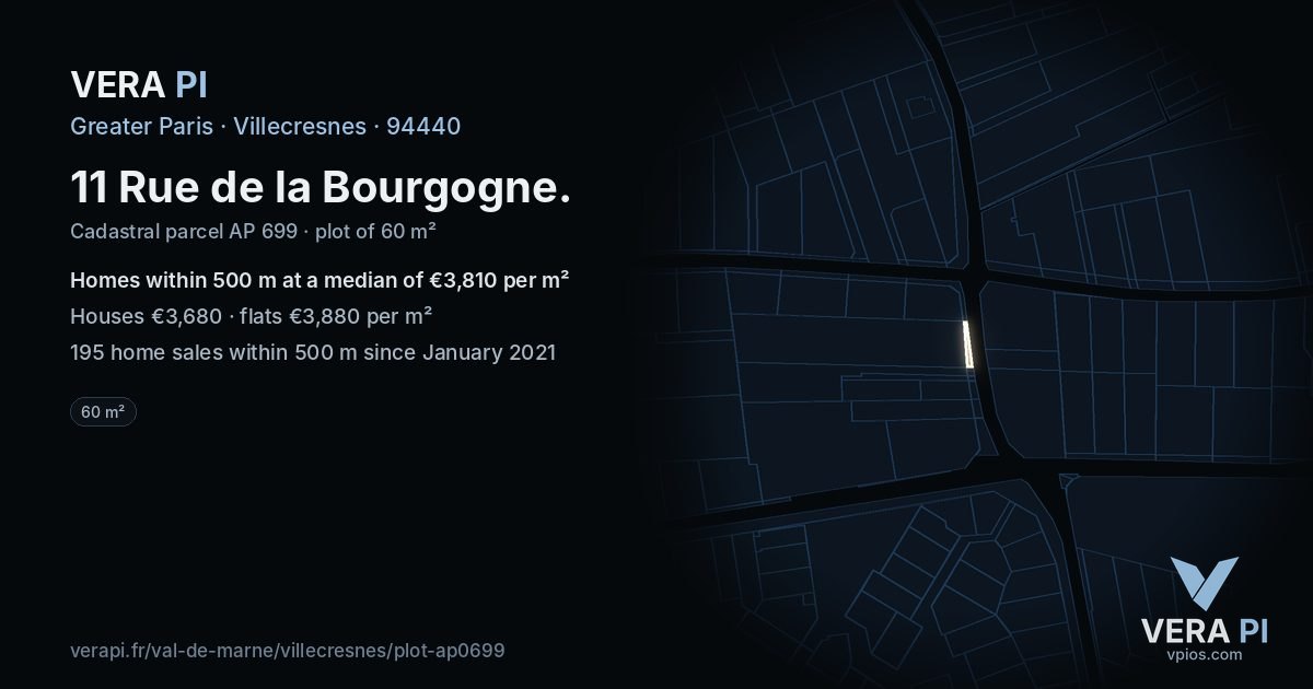11 Rue de la Bourgogne, Villecresnes at night – the plot lit, the parcels around coloured by the prices near them