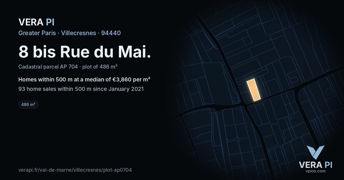 8 bis Rue du Mai, Villecresnes at night – the plot lit, the parcels around coloured by the prices near them