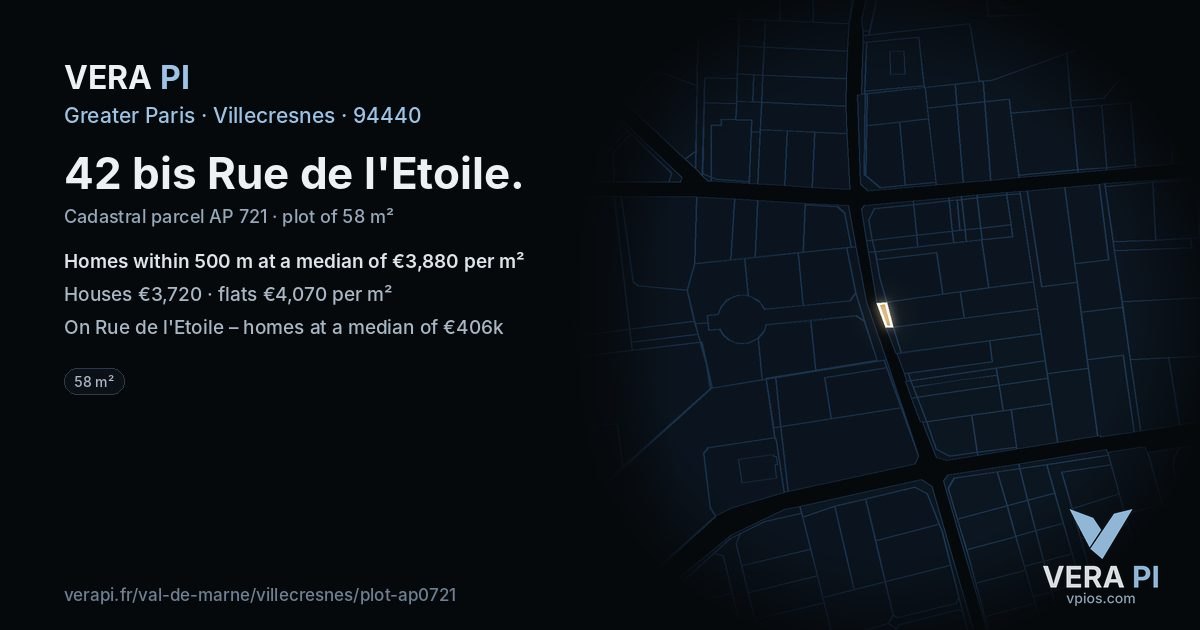42 bis Rue de l'Etoile, Villecresnes at night – the plot lit, the parcels around coloured by the prices near them