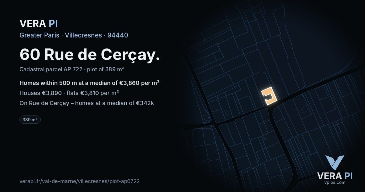 60 Rue de Cerçay, Villecresnes at night – the plot lit, the parcels around coloured by the prices near them