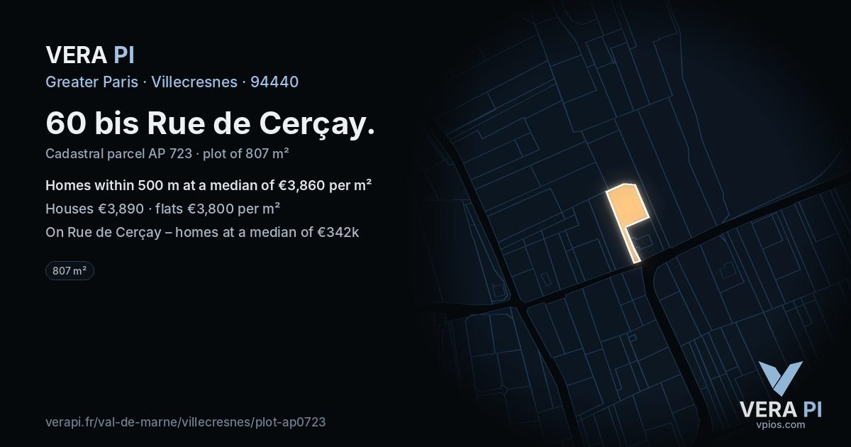 60 bis Rue de Cerçay, Villecresnes at night – the plot lit, the parcels around coloured by the prices near them