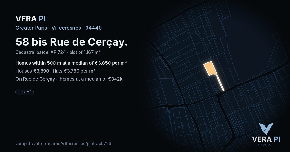 58 bis Rue de Cerçay, Villecresnes at night – the plot lit, the parcels around coloured by the prices near them