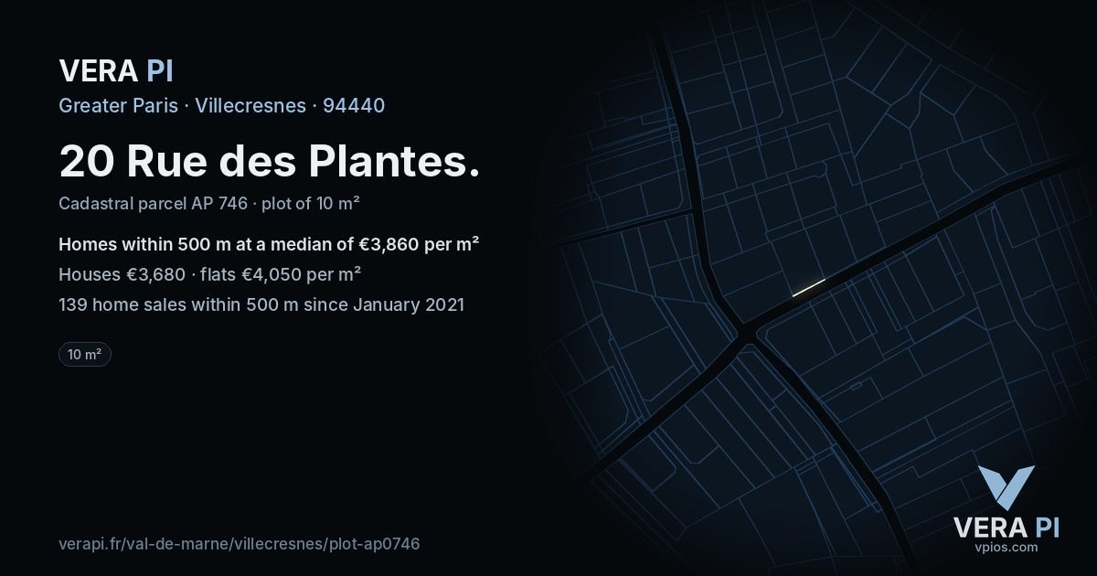 20 Rue des Plantes, Villecresnes at night – the plot lit, the parcels around coloured by the prices near them