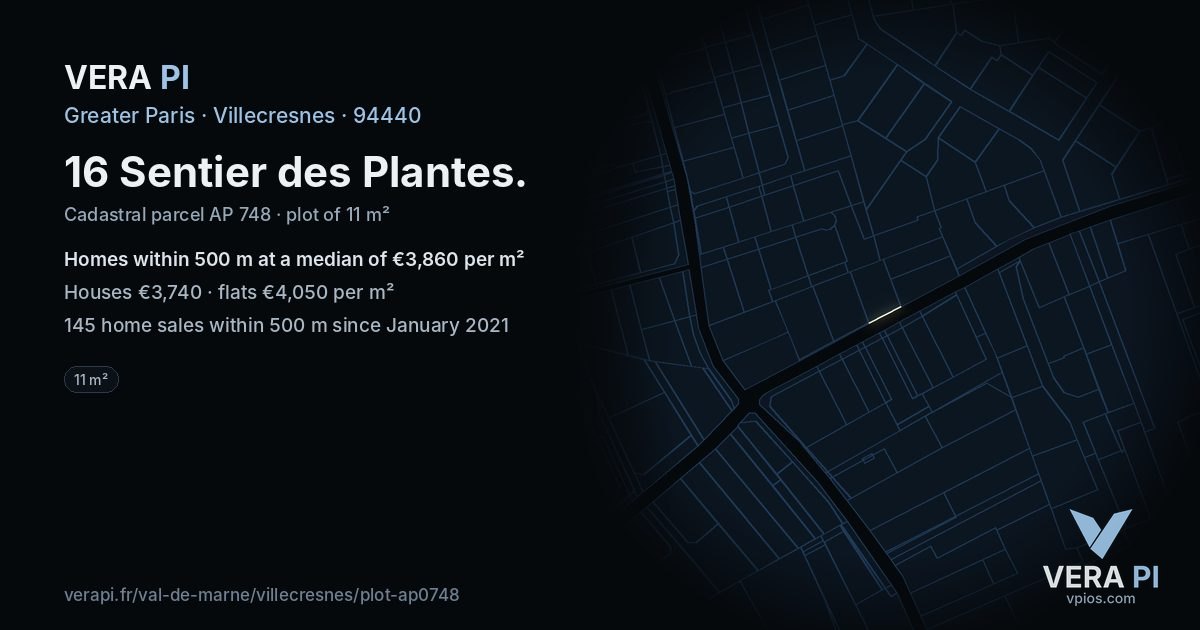 16 Sentier des Plantes, Villecresnes at night – the plot lit, the parcels around coloured by the prices near them