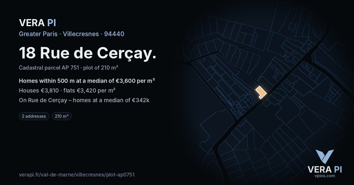 18 Rue de Cerçay, Villecresnes at night – the plot lit, the parcels around coloured by the prices near them