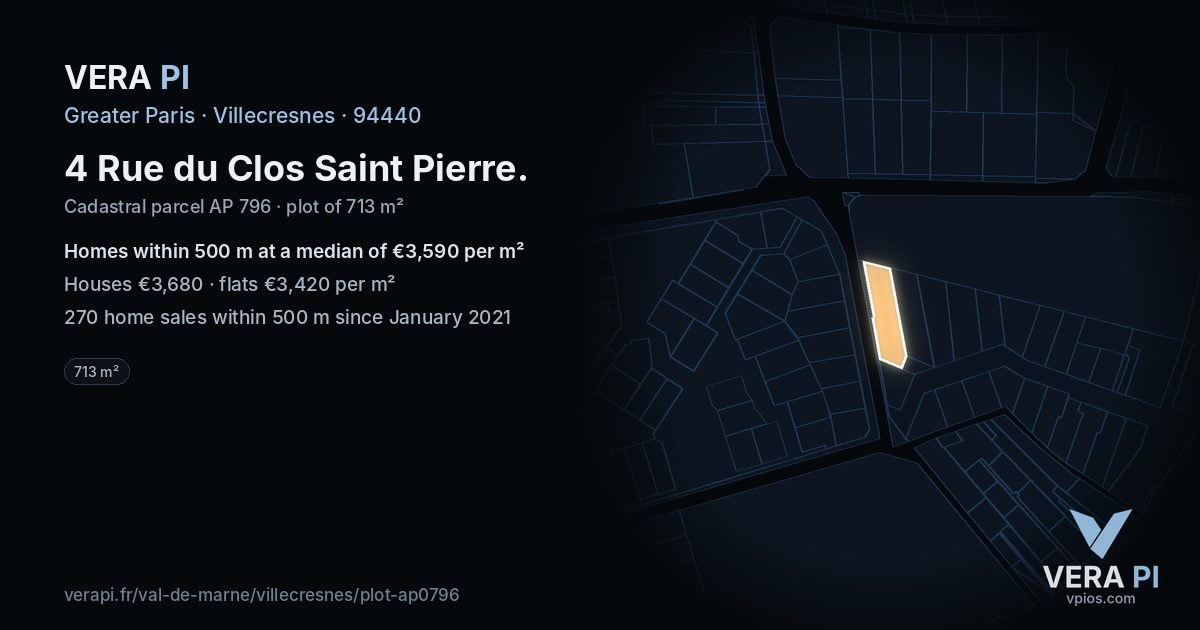 4 Rue du Clos Saint Pierre, Villecresnes at night – the plot lit, the parcels around coloured by the prices near them