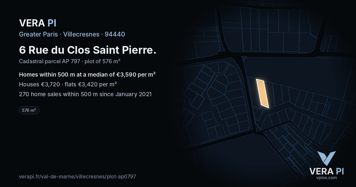 6 Rue du Clos Saint Pierre, Villecresnes at night – the plot lit, the parcels around coloured by the prices near them