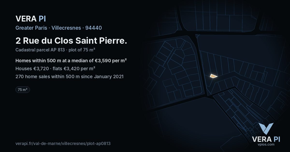 2 Rue du Clos Saint Pierre, Villecresnes at night – the plot lit, the parcels around coloured by the prices near them