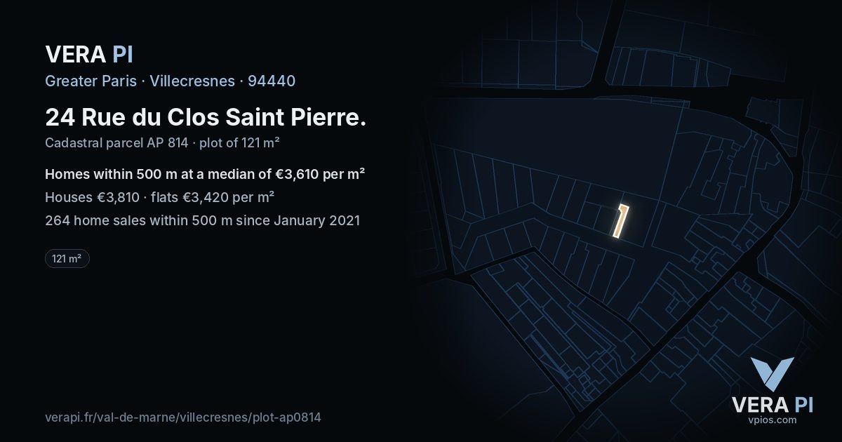24 Rue du Clos Saint Pierre, Villecresnes at night – the plot lit, the parcels around coloured by the prices near them