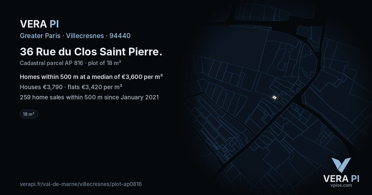 36 Rue du Clos Saint Pierre, Villecresnes at night – the plot lit, the parcels around coloured by the prices near them