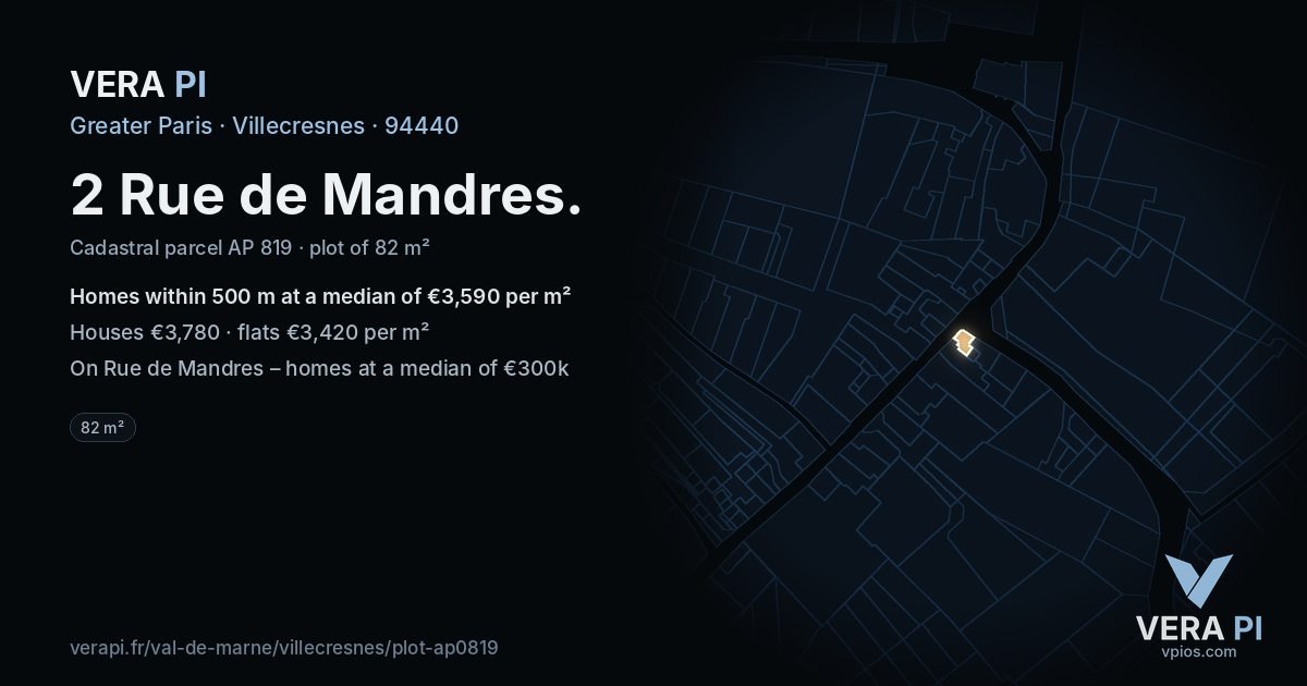 2 Rue de Mandres, Villecresnes at night – the plot lit, the parcels around coloured by the prices near them