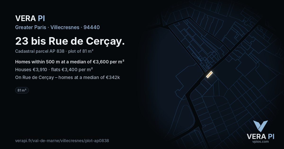 23 bis Rue de Cerçay, Villecresnes at night – the plot lit, the parcels around coloured by the prices near them