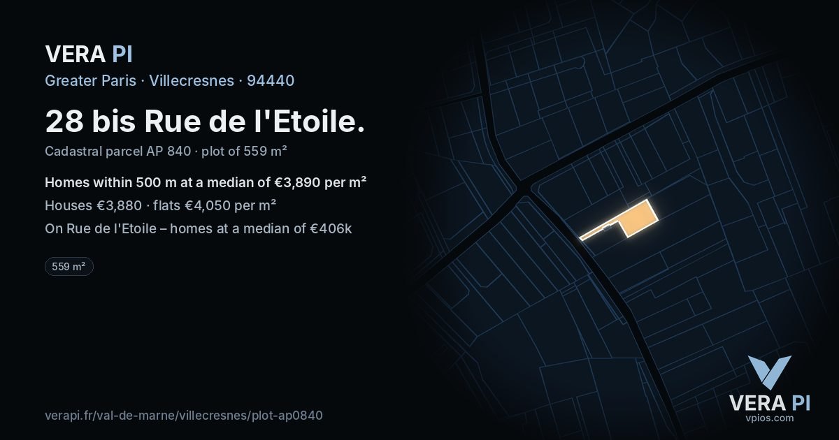 28 bis Rue de l'Etoile, Villecresnes at night – the plot lit, the parcels around coloured by the prices near them