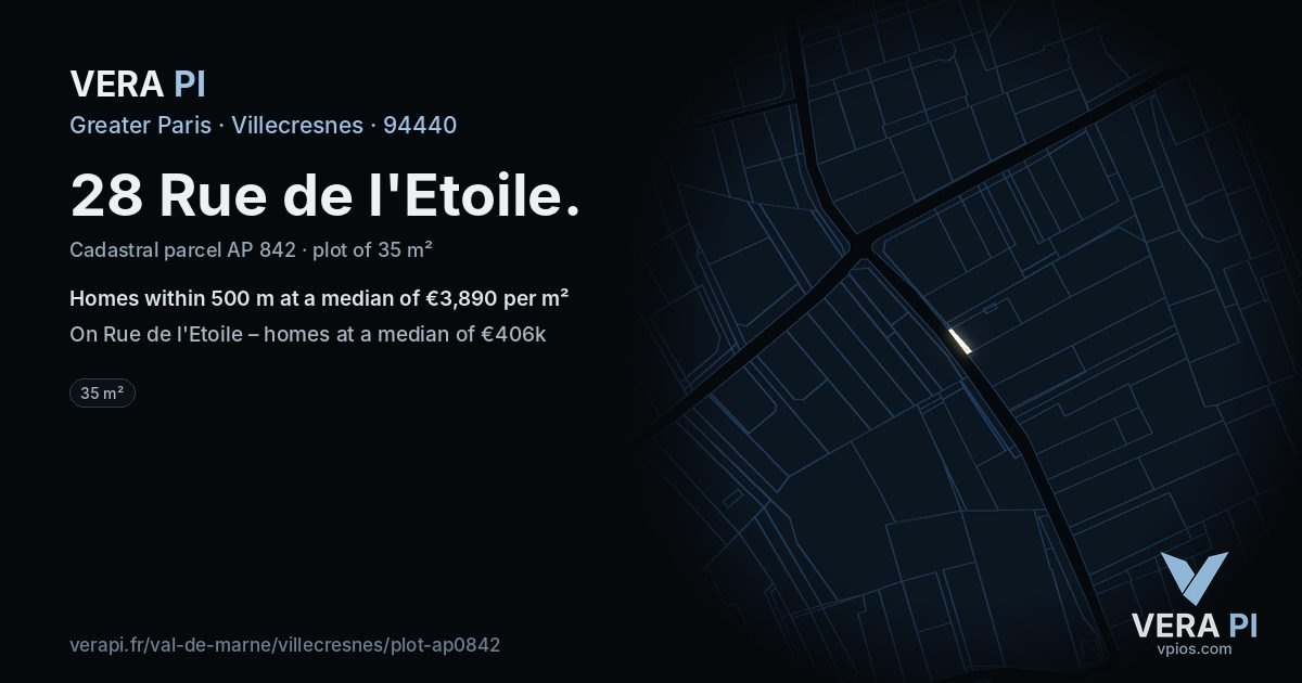 28 Rue de l'Etoile, Villecresnes at night – the plot lit, the parcels around coloured by the prices near them