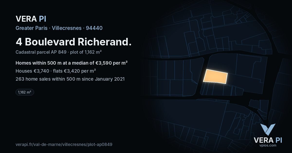 4 Boulevard Richerand, Villecresnes at night – the plot lit, the parcels around coloured by the prices near them