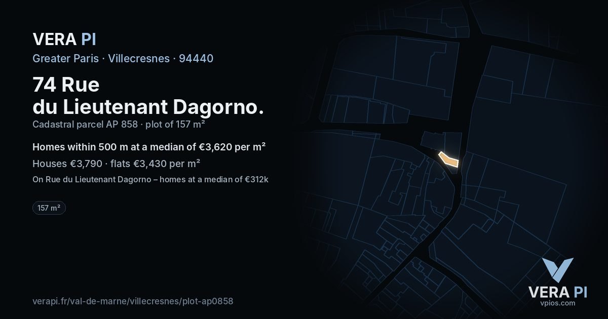 74 Rue du Lieutenant Dagorno, Villecresnes at night – the plot lit, the parcels around coloured by the prices near them
