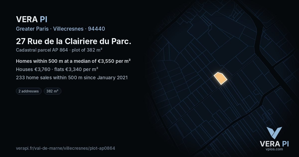 27 Rue de la Clairiere du Parc, Villecresnes at night – the plot lit, the parcels around coloured by the prices near them