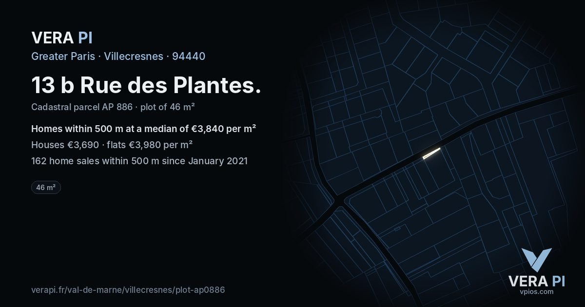 13 b Rue des Plantes, Villecresnes at night – the plot lit, the parcels around coloured by the prices near them