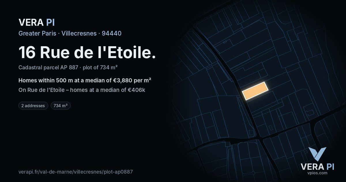 16 Rue de l'Etoile, Villecresnes at night – the plot lit, the parcels around coloured by the prices near them