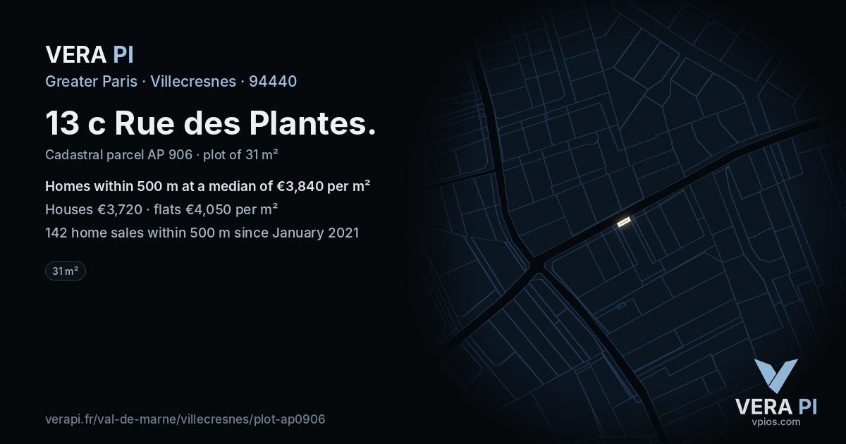 13 c Rue des Plantes, Villecresnes at night – the plot lit, the parcels around coloured by the prices near them
