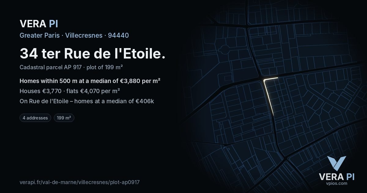 34 ter Rue de l'Etoile, Villecresnes at night – the plot lit, the parcels around coloured by the prices near them