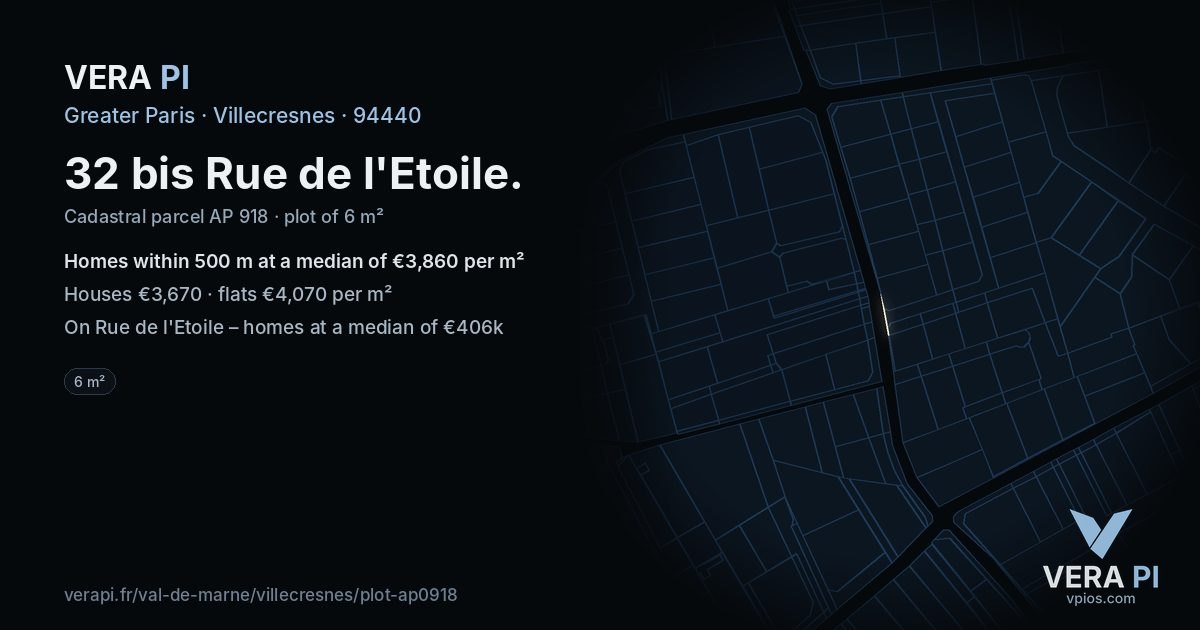 32 bis Rue de l'Etoile, Villecresnes at night – the plot lit, the parcels around coloured by the prices near them
