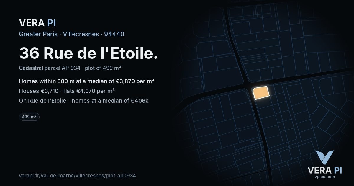 36 Rue de l'Etoile, Villecresnes at night – the plot lit, the parcels around coloured by the prices near them