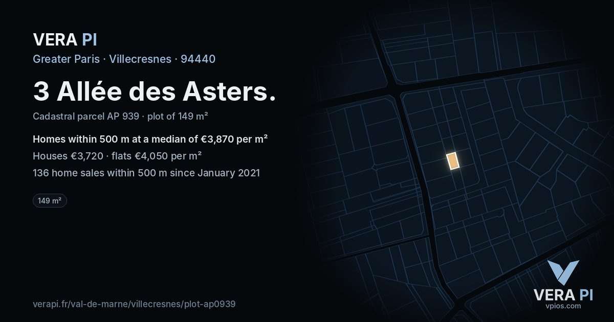 3 Allée des Asters, Villecresnes at night – the plot lit, the parcels around coloured by the prices near them