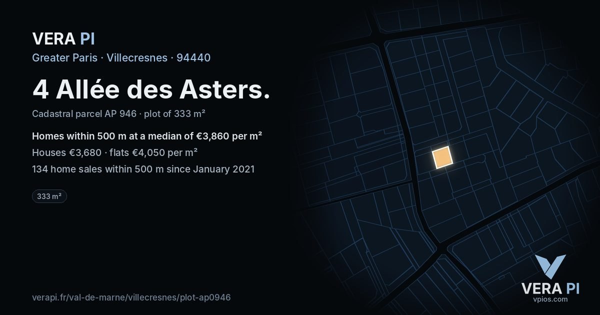 4 Allée des Asters, Villecresnes at night – the plot lit, the parcels around coloured by the prices near them