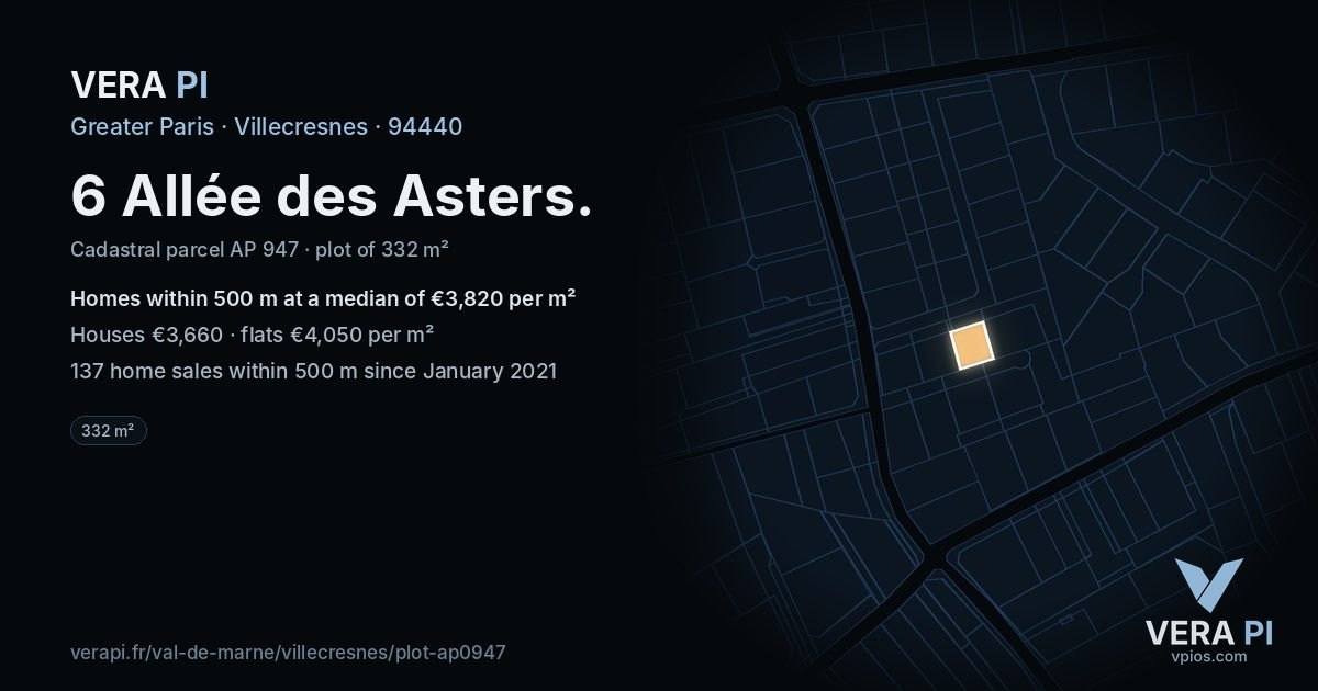 6 Allée des Asters, Villecresnes at night – the plot lit, the parcels around coloured by the prices near them