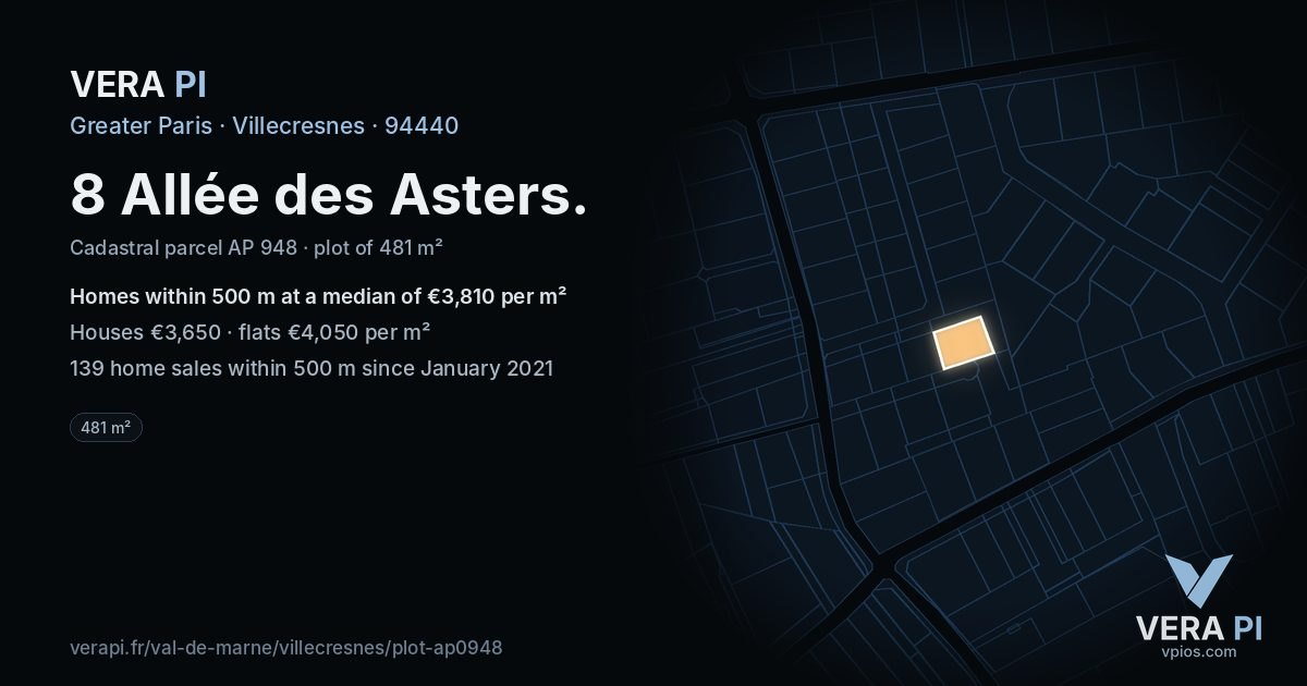 8 Allée des Asters, Villecresnes at night – the plot lit, the parcels around coloured by the prices near them