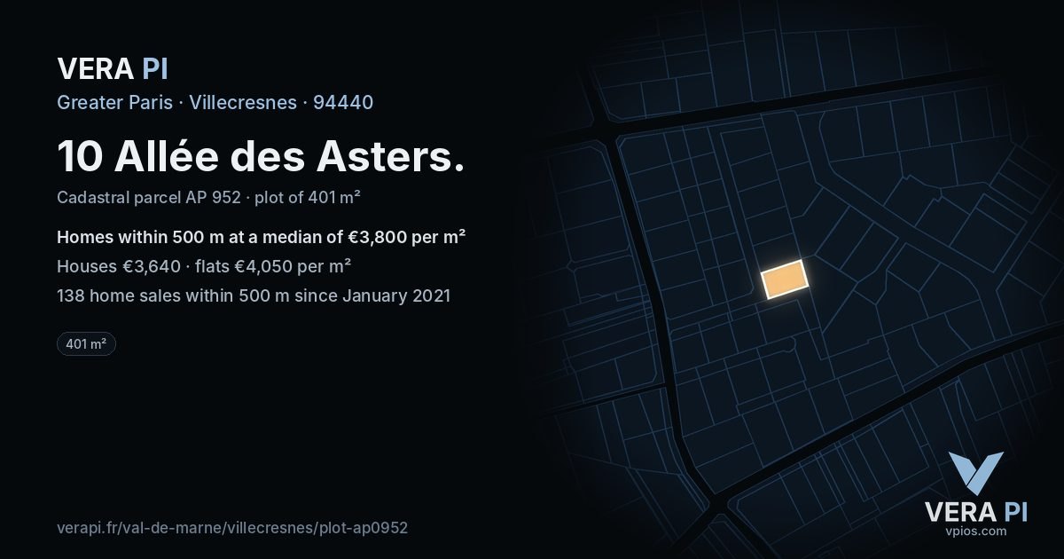 10 Allée des Asters, Villecresnes at night – the plot lit, the parcels around coloured by the prices near them