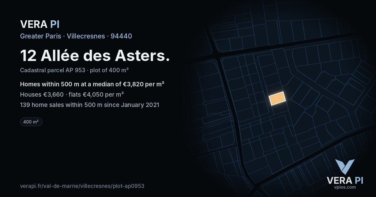 12 Allée des Asters, Villecresnes at night – the plot lit, the parcels around coloured by the prices near them