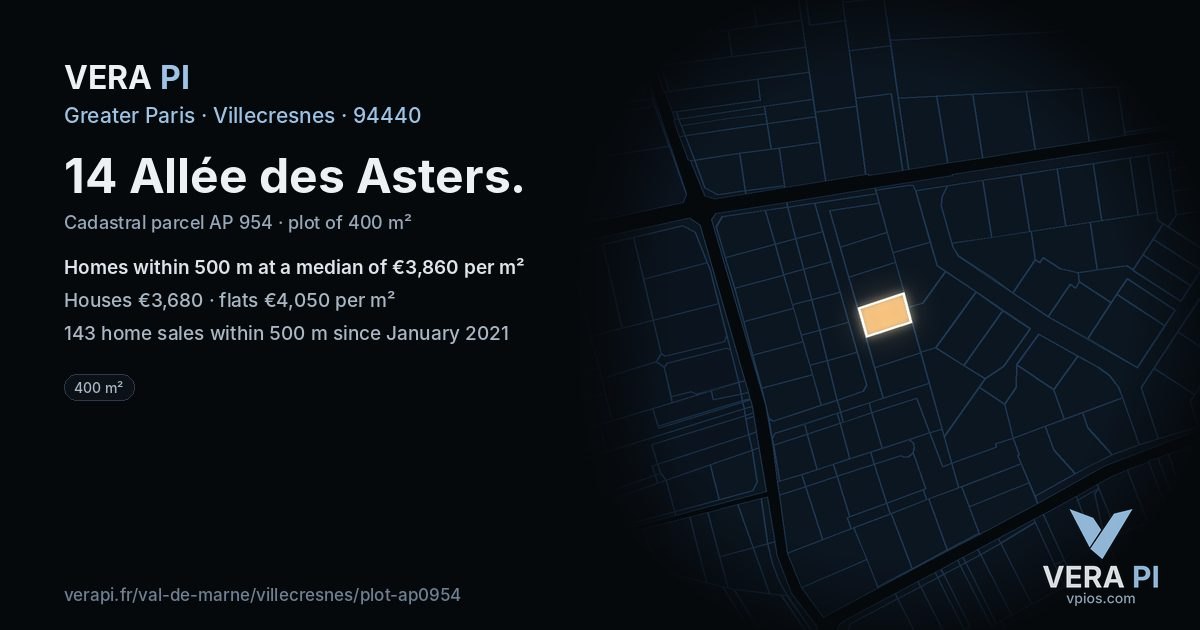 14 Allée des Asters, Villecresnes at night – the plot lit, the parcels around coloured by the prices near them