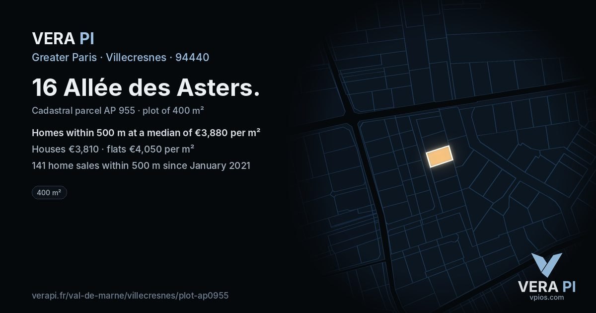 16 Allée des Asters, Villecresnes at night – the plot lit, the parcels around coloured by the prices near them