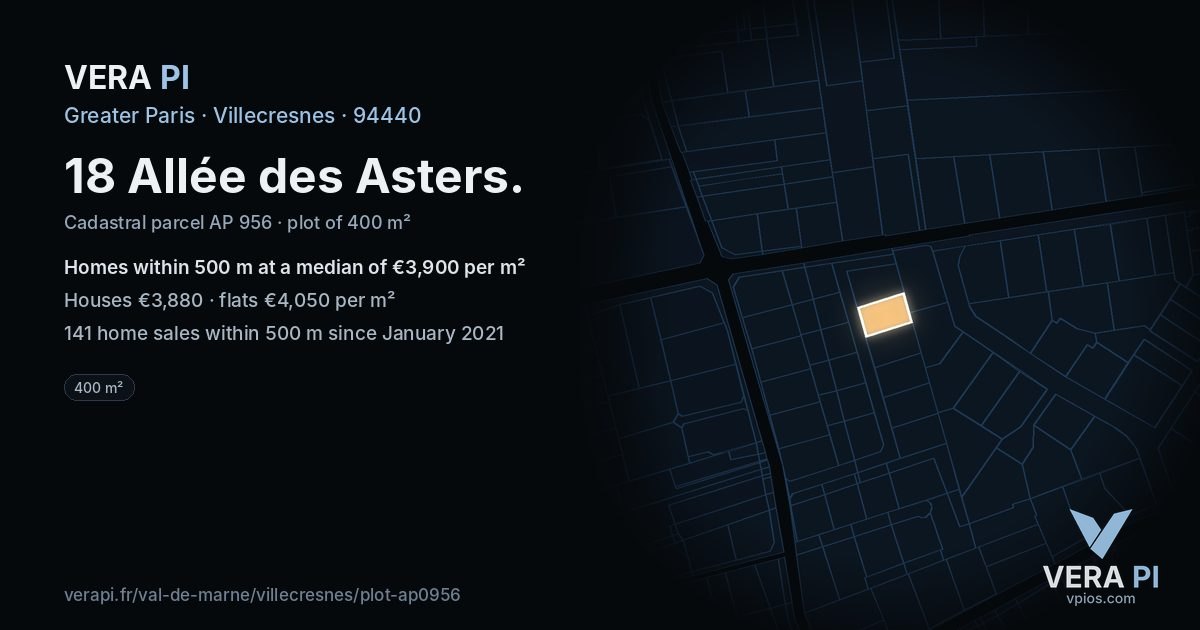 18 Allée des Asters, Villecresnes at night – the plot lit, the parcels around coloured by the prices near them