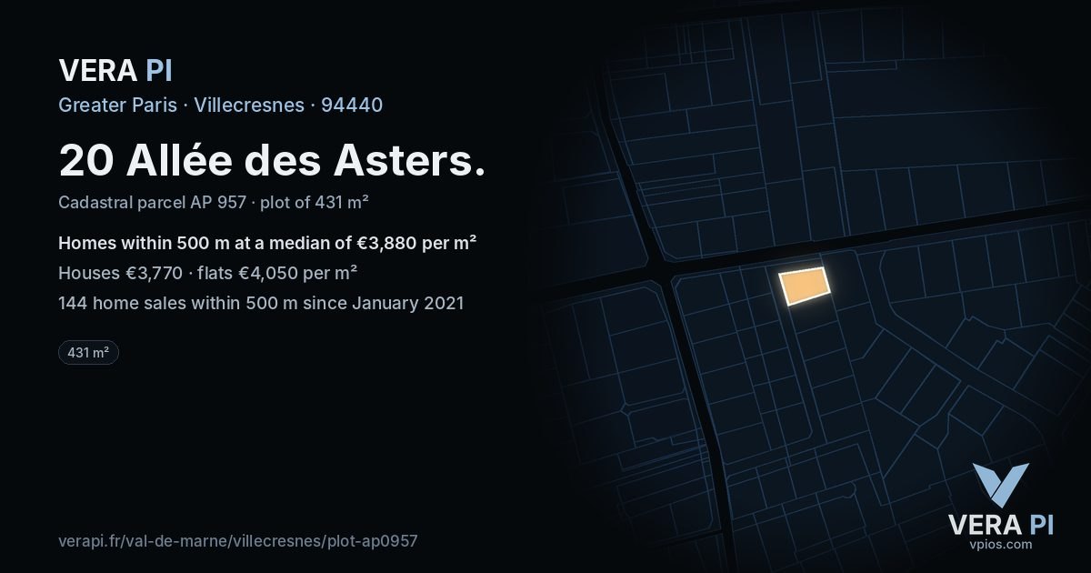 20 Allée des Asters, Villecresnes at night – the plot lit, the parcels around coloured by the prices near them