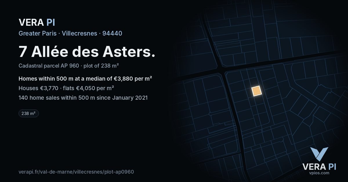 7 Allée des Asters, Villecresnes at night – the plot lit, the parcels around coloured by the prices near them