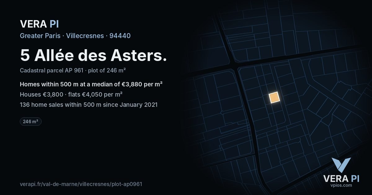 5 Allée des Asters, Villecresnes at night – the plot lit, the parcels around coloured by the prices near them