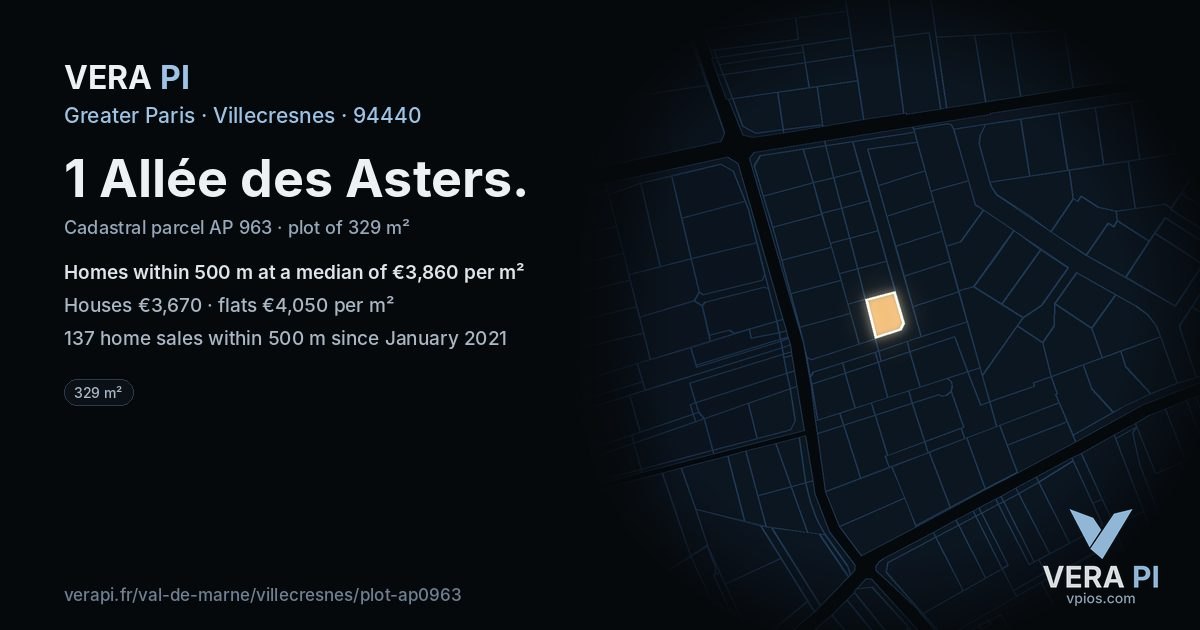 1 Allée des Asters, Villecresnes at night – the plot lit, the parcels around coloured by the prices near them