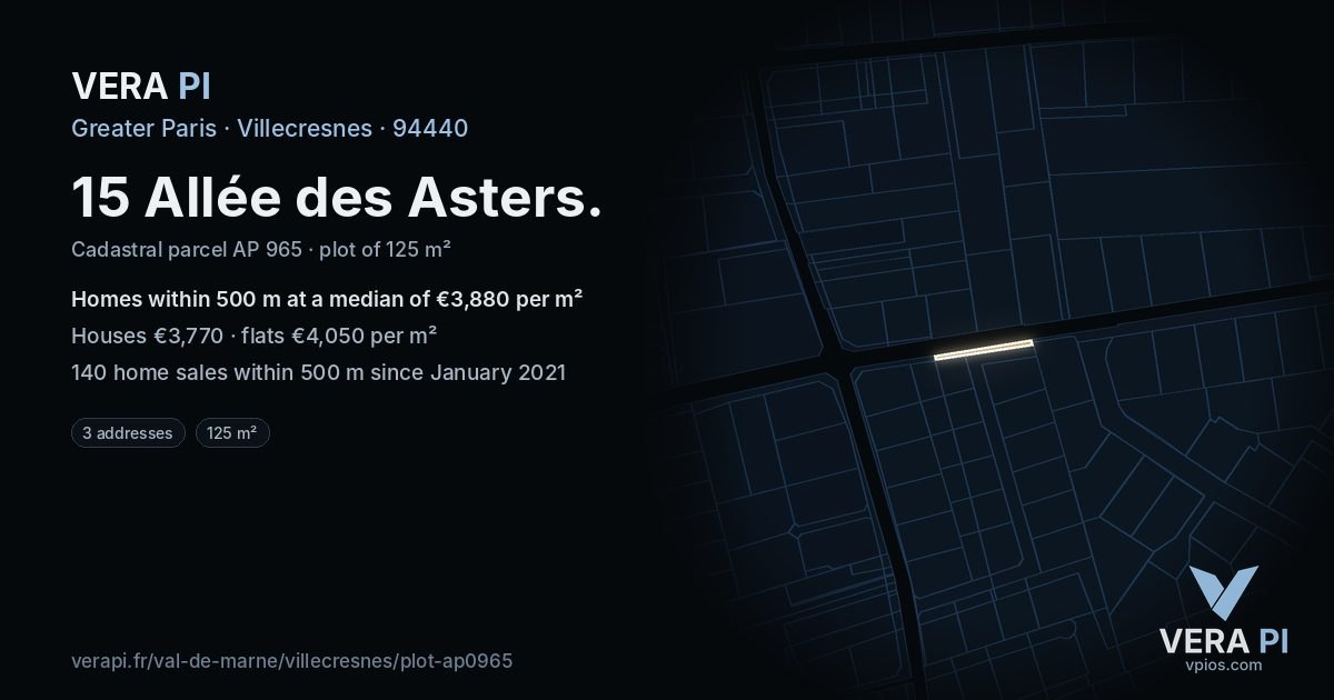 15 Allée des Asters, Villecresnes at night – the plot lit, the parcels around coloured by the prices near them