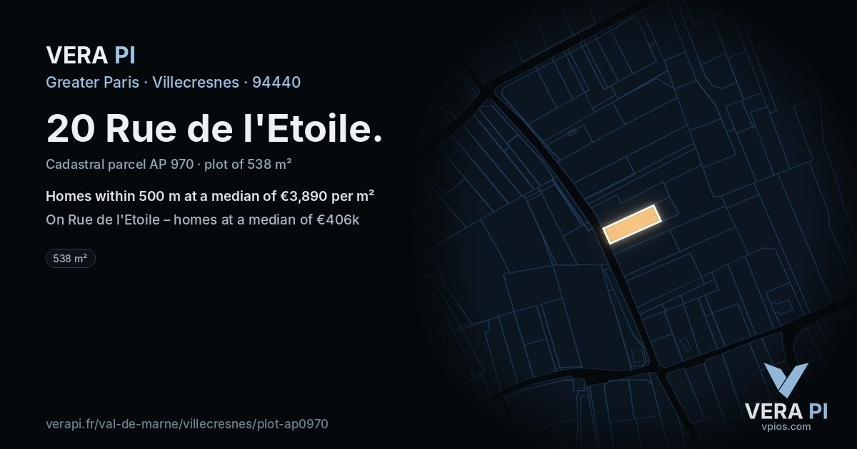 20 Rue de l'Etoile, Villecresnes at night – the plot lit, the parcels around coloured by the prices near them