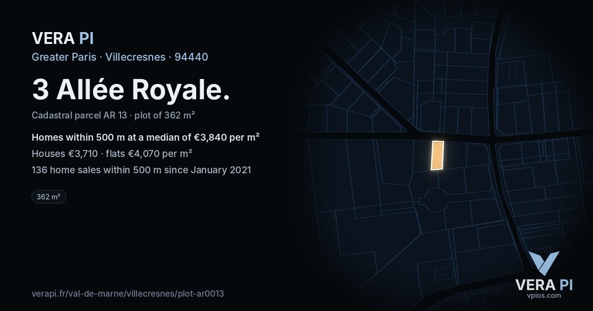 3 Allée Royale, Villecresnes at night – the plot lit, the parcels around coloured by the prices near them