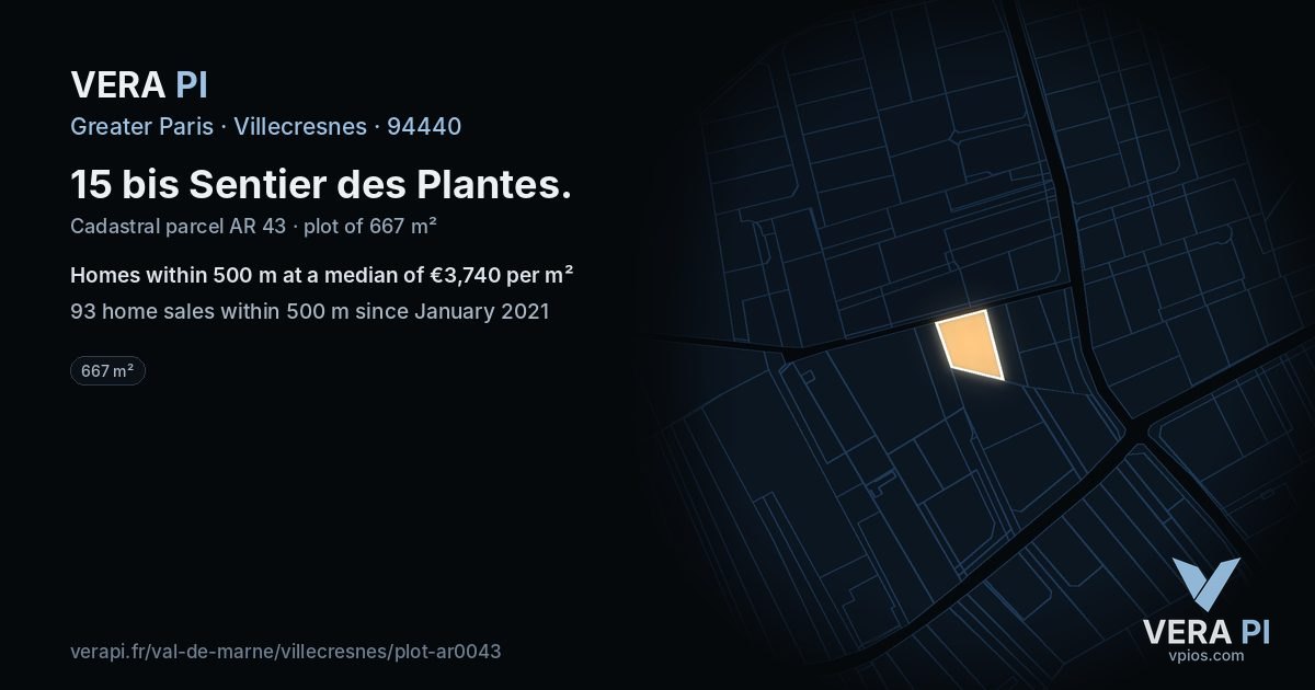 15 bis Sentier des Plantes, Villecresnes at night – the plot lit, the parcels around coloured by the prices near them